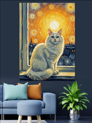 Karizma Tablo Van Gogh Stili Pencereden Bakan Beyaz Kedi Dekoratif Kanvas - Mdf Ahşap Tablo