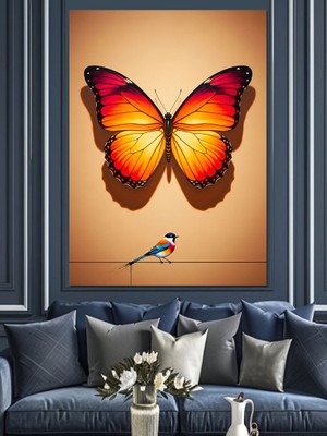 Karizma Tablo Kırmızı Turuncu Parlak Kelebek ve Minik Kuş Dekoratif Kanvas - Mdf Ahşap Tablo