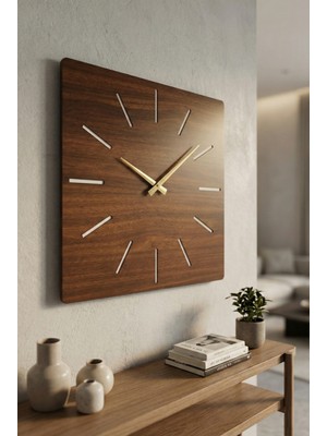 AA Shop Kare Ahşap Ceviz Renk Sade Sayılı Hediyelik Sessiz Duvar Saati 50 cm