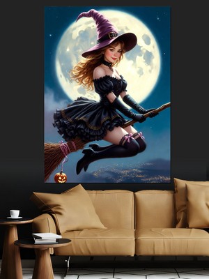 Tablomega Dolunaylı Gecede Uçan Süpürgeli Cadı Dekoratif Kanvas - Mdf Ahşap Tablo