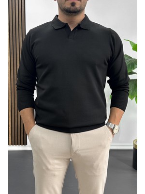 Edwox Erkek Açık Yaka Düz Desen Normal Kalıp Kazak Siyah EDW423