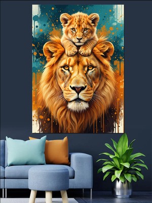 Karizma Tablo Aslan Kral ve Yavrusu Dekoratif Kanvas - Mdf Ahşap Tablo