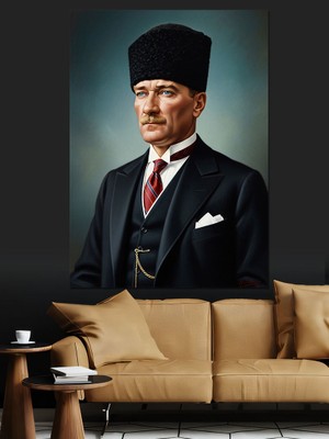 Artmeg Kalpak Başlıklı Siyah Takım Elbiseli  Atatürk Portresi Dekoratif Kanvas - Mdf Ahşap Tablo