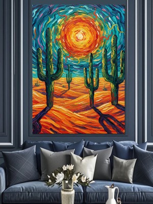Karizma Tablo Kutsal Işık Parıldayan Saguaro Kaktüsleri Dekoratif Kanvas - Mdf Ahşap Tablo