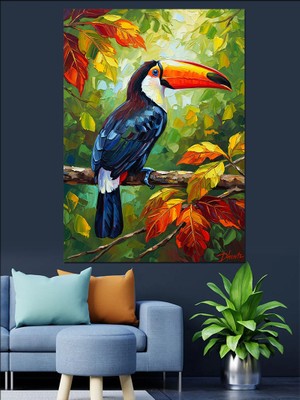 Karizma Tablo Tropik Kuş Renkli Tukan Dekoratif Kanvas - Mdf Ahşap Tablo