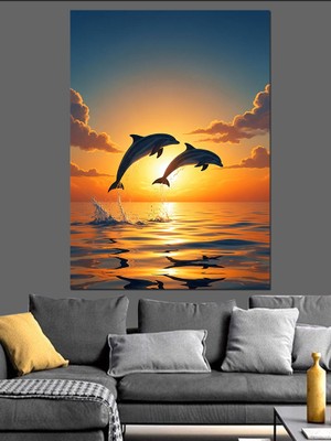 Artmeg Denizde Yunus Balığı  Atlayışı Gün Batımı Manzarası Dekoratif Kanvas - Mdf Ahşap Tablo
