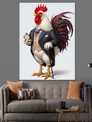 Artmeg Smokinli Horoz Renkli Hayvan Çizimi Dekoratif Kanvas - Mdf Ahşap Tablo