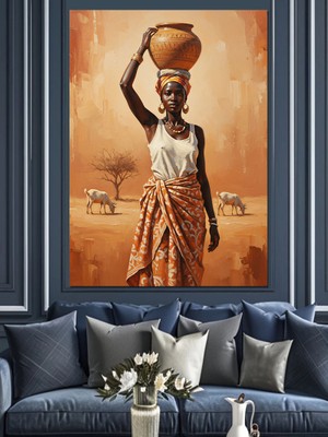 Artmeg Su Taşıyan Afrikalı Kadın Afrika Manzaralı Dekoratif Kanvas - Mdf Ahşap Tablo