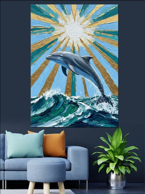 Artmeg Işınlar Arasında Atlama Pozu Yapan Yunus Dekoratif Kanvas - Mdf Ahşap Tablo