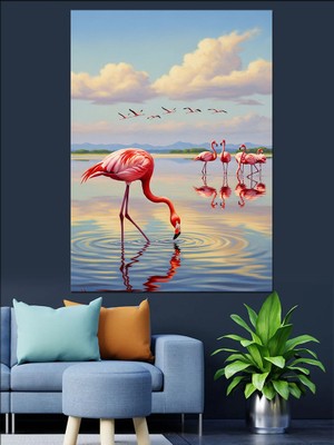 Artmeg Gün Batımında Flamingolar Denizde Dekoratif Kanvas - Mdf Ahşap Tablo