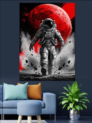Artmeg Kırmızı Ay ve Astronot Dekoratif Kanvas - Mdf Ahşap Tablo
