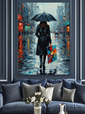 Artmeg Şemsiyeli Kadın Yağmurda Yürüyüş Dekoratif Kanvas - Mdf Ahşap Tablo