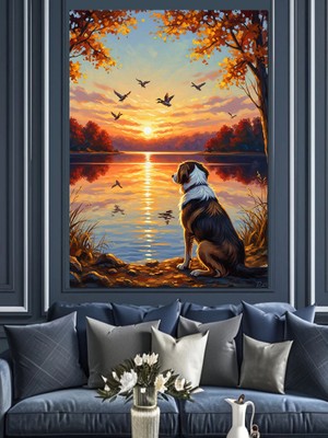 Tablomega Gün Batımı Deniz Kuş Köpek  Manzarası Dekoratif Kanvas - Mdf Ahşap Tablo