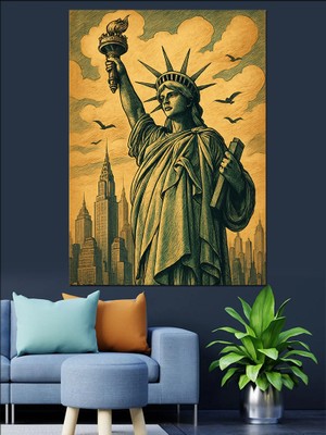 Artmeg Özgürlük Heykeli ve New York Şehri Dekoratif Kanvas - Mdf Ahşap Tablo