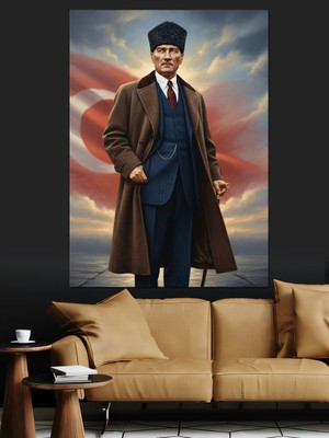Artmeg Gökyüzünde Türk Bayrağı Fonlu Mustafa Kemal Atatürk Dekoratif Kanvas - Mdf Ahşap Tablo