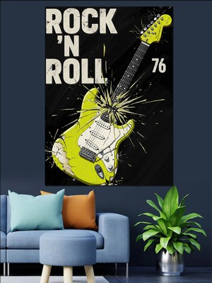 Artmeg Neon Yeşil Elektrogitar Rock'n  Roll Afişi Dekoratif Kanvas - Mdf Ahşap Tablo