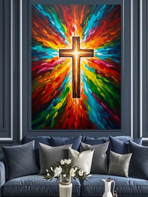 Tablomega Parlak Renk Işıklı  Hristiyan Haçı Dekoratif Kanvas - Mdf Ahşap Tablo