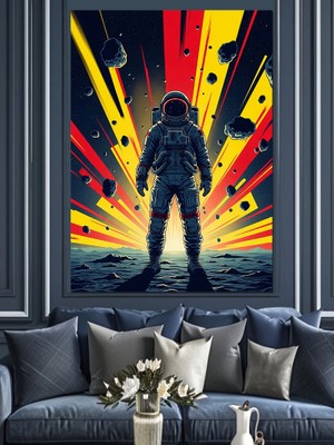 Artmeg Güneş Işıkları, Meteorlar ve Astronot Illüstrasyonu Dekoratif Kanvas - Mdf Ahşap Tablo