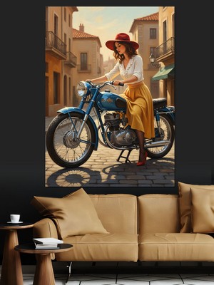 Karizma Tablo Mavi Motosikletli Kadın Sokak Manzarası Dekoratif Kanvas - Mdf Ahşap Tablo