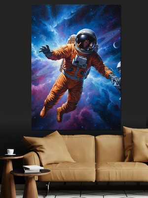 Karizma Tablo Işıklı Uzayda Uçan Astronot  Dekoratif Kanvas - Mdf Ahşap Tablo