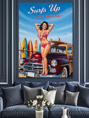 Artmeg Mavi Vintage Otomobil Üstündeki Kadın Dekoratif Kanvas - Mdf Ahşap Tablo
