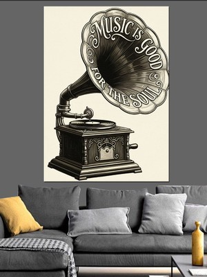 Karizma Tablo Siyah Beyaz Vintage Gramafon Dekoratif Kanvas - Mdf Ahşap Tablo