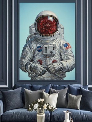 Artmeg Çiçek Başlı Astronot Illüstrasyonu Dekoratif Kanvas - Mdf Ahşap Tablo