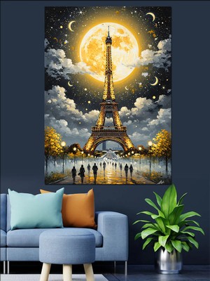 Artmeg Dolunaylı Gecede Eyfel Kulesi  Dekoratif Kanvas - Mdf Ahşap Tablo