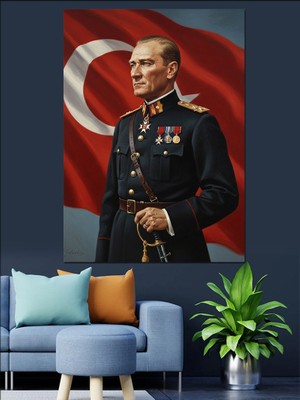 Karizma Tablo Türk Bayrağı Vetürkiye Cumhuriyeti Kurucusu Atatürk Portresi Dekoratif Kanvas - Mdf Ahşap Tablo