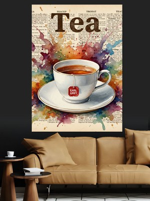 Artmeg Sıcak Çay Fincanı Gazete Üstü Suluboya Renkleri Fonlu Dekoratif Kanvas - Mdf Ahşap Tablo