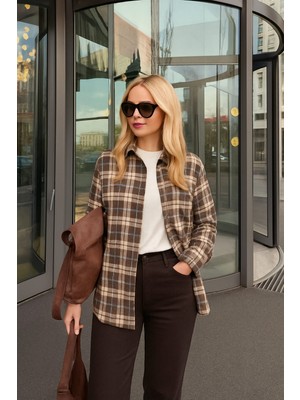 Dmr Style Kadın Kahverengi Oversize Ekose Oduncu Gömleği