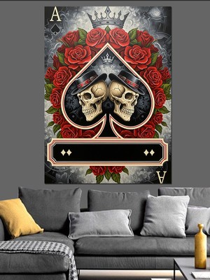 Tablomega Kurukafa ve Kırmızı Gül Detaylı Maça Ası Iskambil Kağıdı Dekoratif Kanvas - Mdf Ahşap Tablo