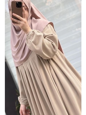 Ande Tesettür Kadife Elbise - Bej