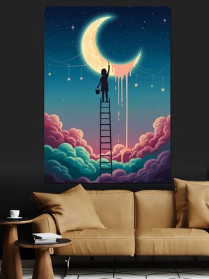 Karizma Tablo Merdivenle Aya Tırmanan Kız Silüeti  Dekoratif Kanvas - Mdf Ahşap Tablo
