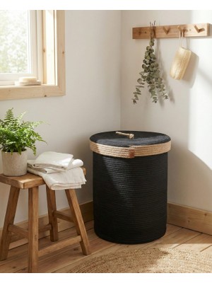 Mtg Jüt Tasarım El Emeği Doğal Jüt Kordon Halattan Siyah Renk Kapaklı Çamaşır Sepeti