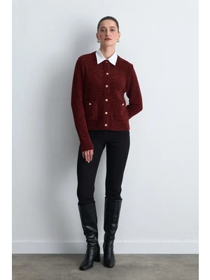 Gusto Kadife Dokulu Triko Ceket - Bordo