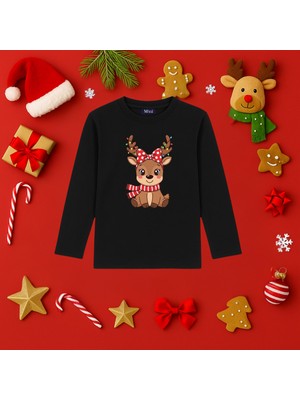 Mixxi Fashion Sevimli Ren Geyiği Baskılı Yılbaşı Yeni Yıl Noel Uzun  Kollu Unisex Tişört (4-13 Yaş)