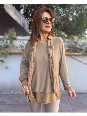 Denizege Butik Italyan Gömlekli Fularlı Triko Camel