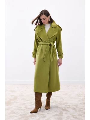 Sateen Geniş Yaka Uzun Kaban - Yeşil