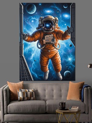 Artmeg Turuncu Uzay Elbiseli Astronot ve Uzay Manzarası Dekoratif Kanvas - Mdf Ahşap Tablo