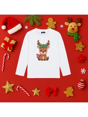 Mixxi Fashion Sevimli Ren Geyiği Baskılı Yılbaşı Yeni Yıl Noel Uzun  Kollu Unisex Tişört (4-13 Yaş)