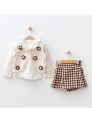 Ceren I Kız Çocuk Çiçek Işlemeli Örgü Triko Hırka, Bluz ve Şort Etek 2-3-4-5 Yaş | 4112