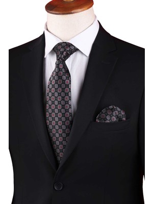 Kravatkolik Siyah Çiçek Desen Mendilli Klasik Kravat KK13131