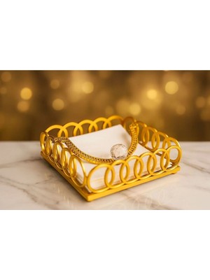 Yzhome 1 Adet Kare Cam Aynalı Plastik Gold Taşlı Peçetelik 18CM