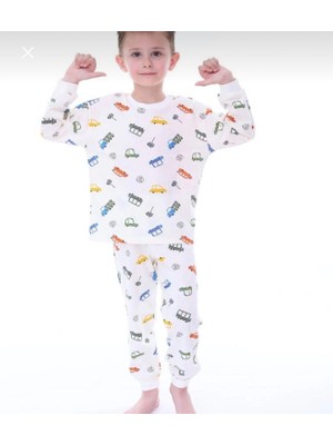 Erkek Çocuk Araba Desenli Fitilli Interlok Kumaş Uzun Kollu Pijama Takımı