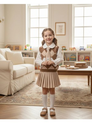 Beren | Kız Çocuk Triko Yelekli Şık Takım Gömlek& Kravat & Pileli Etek Seti Klasik Kombin 2-5 Yaş