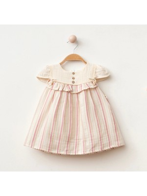 Safiye Kız Bebek Çizgili Fırfırlı Retro Elbise - Kısa Kollu %100 Pamuklu - 9/12/18/24 Ay