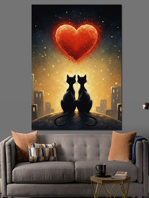 Tablomega Kırmızı Kalp Kara Kedi Dekoratif Kanvas - Mdf Ahşap Tablo