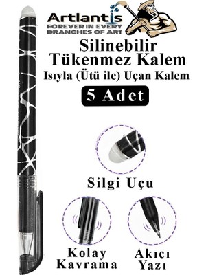 Artlantis Siyah Silinebilir Tükenmez Kalem 5 Adet Bıa Silinebilir Jel Pilot Kalem Mürekkepli Kolay Silinebilir Kumaş Kalemi