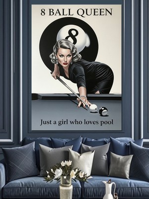 Artmeg Bilardo Oynayan Siyah Elbiseli Kadın Dekoratif Kanvas - Mdf Ahşap Tablo